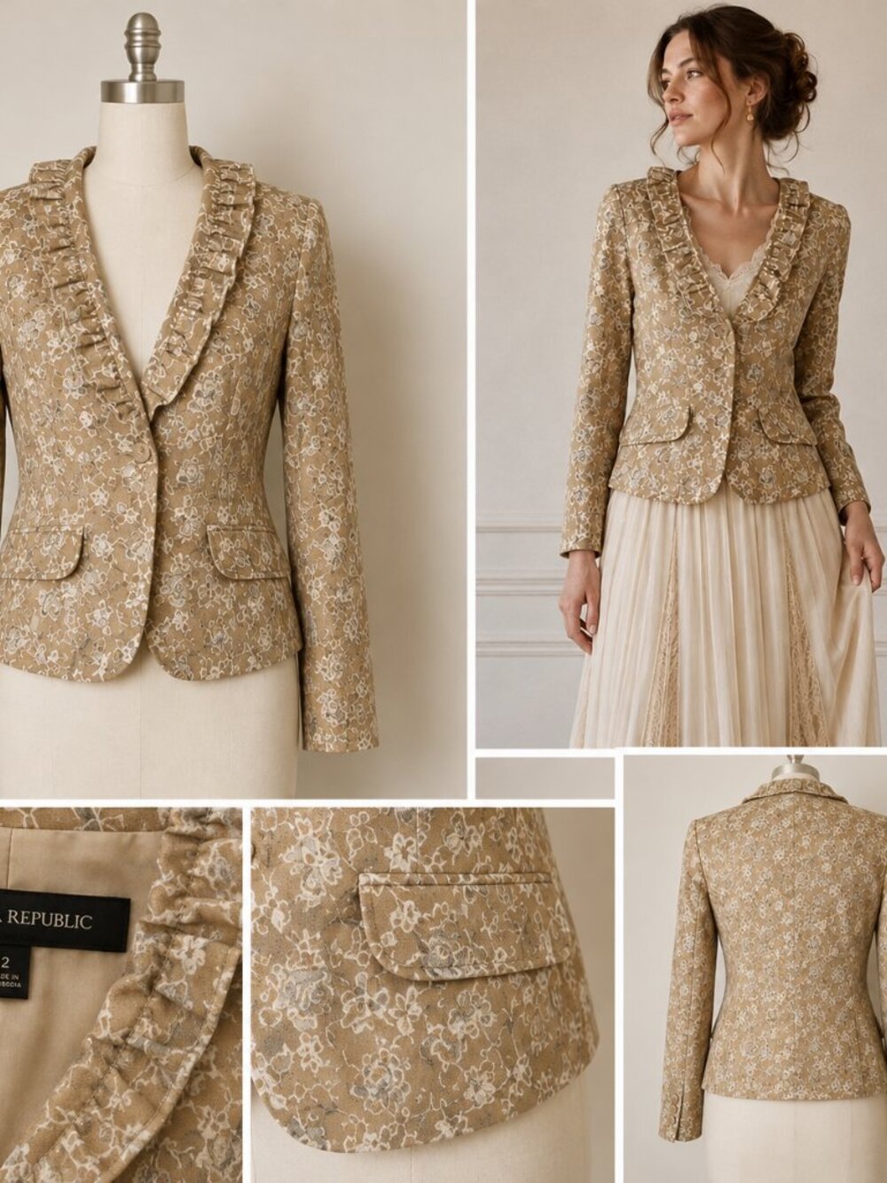 Banana Republic Floral Ruffle Blazer Tan Cream Tailored Jacket Women's size S